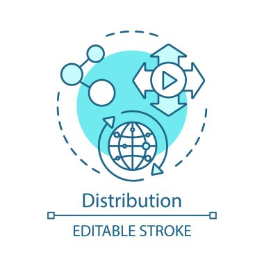 Dağıtım kavramı simgesi. Post üretim fikir ince çizgi illüstrasyon. Kütle dağılımı. Küresel teslimat hizmeti. Pazarlama. Lojistik. Kaynağı. Vektör izole anahat çizimi. Düzenlenebilir kontur