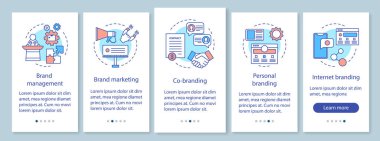 Mobil uygulama sayfası ekranı, doğrusal kavramlar onboarding marka türleri. Marka pazarlama. Beş Walkthrough adımları grafik yönergeleri. Kişisel, internet markası. UX, ui, Gui vektör şablonu, illüstrasyonlar