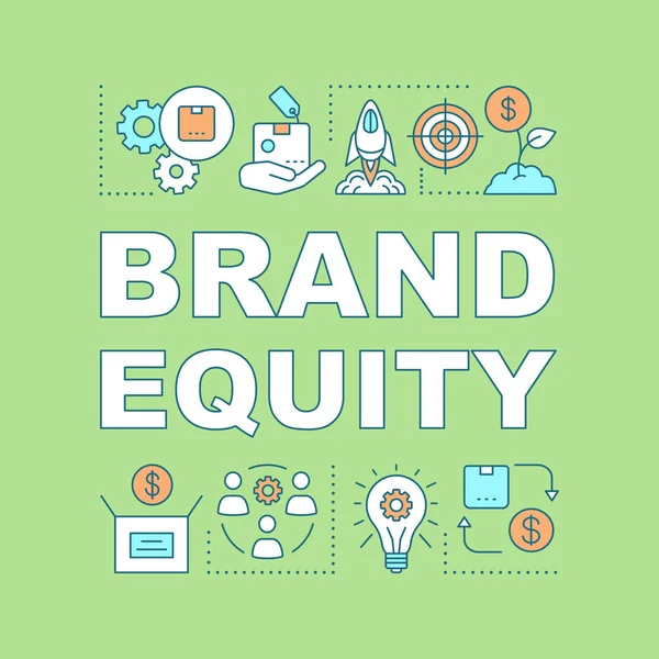 Brand Equity Word Concept Banner Gestione Del Marchio Prodotti Servizi — Vettoriale Stock