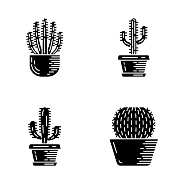 Cactus Maison Pot Icônes Glyphe Ensemble Flore Tropicale Mexicaine Tuyau — Image vectorielle