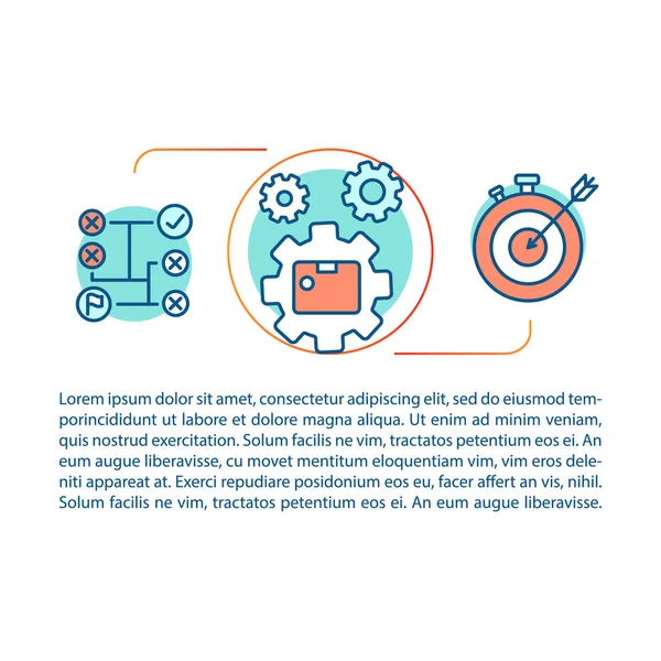 Marka yönetimi makale sayfası vektör şablonu. Gol başarısı. Strateji analizi, planlama. Broşür, doğrusal simgeler ile Dergi tasarım elemanı. Baskı tasarımı. Metin alanı ile konsept illüstrasyonları