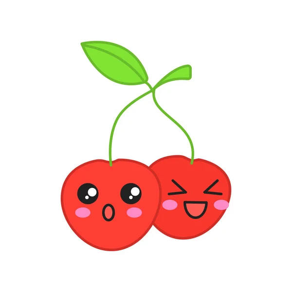 Cherries Cute Kawaii Personaggio Vettore Bacche Felici Stupite Con Volti — Vettoriale Stock