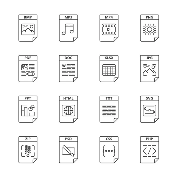 Los Archivos Formatean Iconos Lineales Establecidos Multimedia Texto Archivos Digitales — Vector de stock