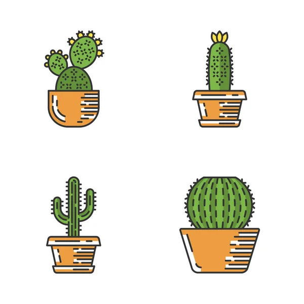 House Cacti Pot Color Icons Set Succulents Cacti Collection Prickly — Stock Vector