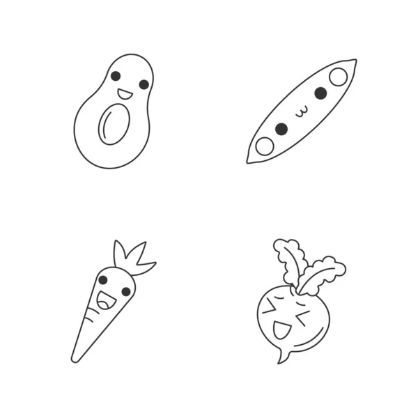 Verduras Lindos Caracteres Lineales Kawaii Feliz Aguacate Guisantes Riendo Zanahoria — Archivo Imágenes Vectoriales