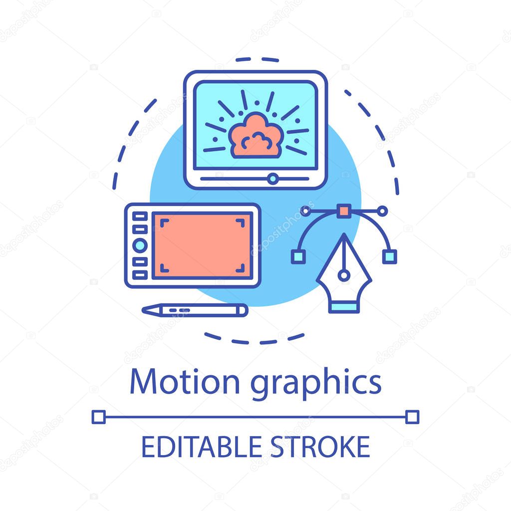 Motion graphics concept icon. Visual, special effects idea thin line illustration. Cinematography. Film editing. Amination. Video post production. Vector isolated outline drawing. Editable stroke