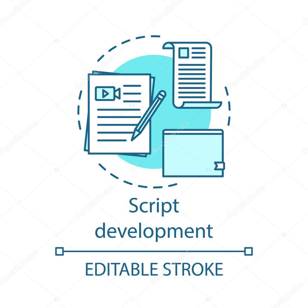 Script development concept icon. Video pre production idea thin line illustration. Film scenario writing. Scripting. Screenwriting. Cinematography. Vector isolated outline drawing. Editable stroke