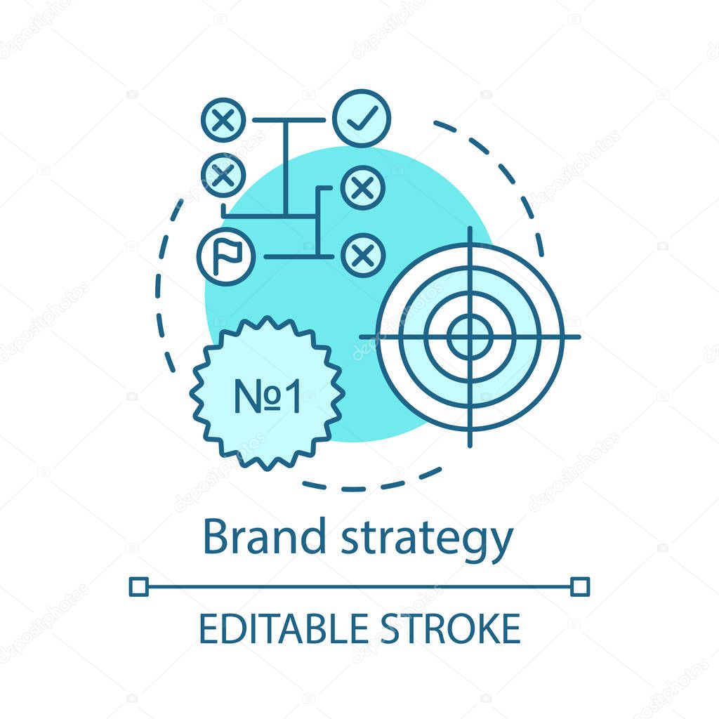 Brand strategy concept icon. Brand management idea thin line illustration. Successful brand development plan. Goal achievement. Strategy analysis. Vector isolated outline drawing. Editable stroke