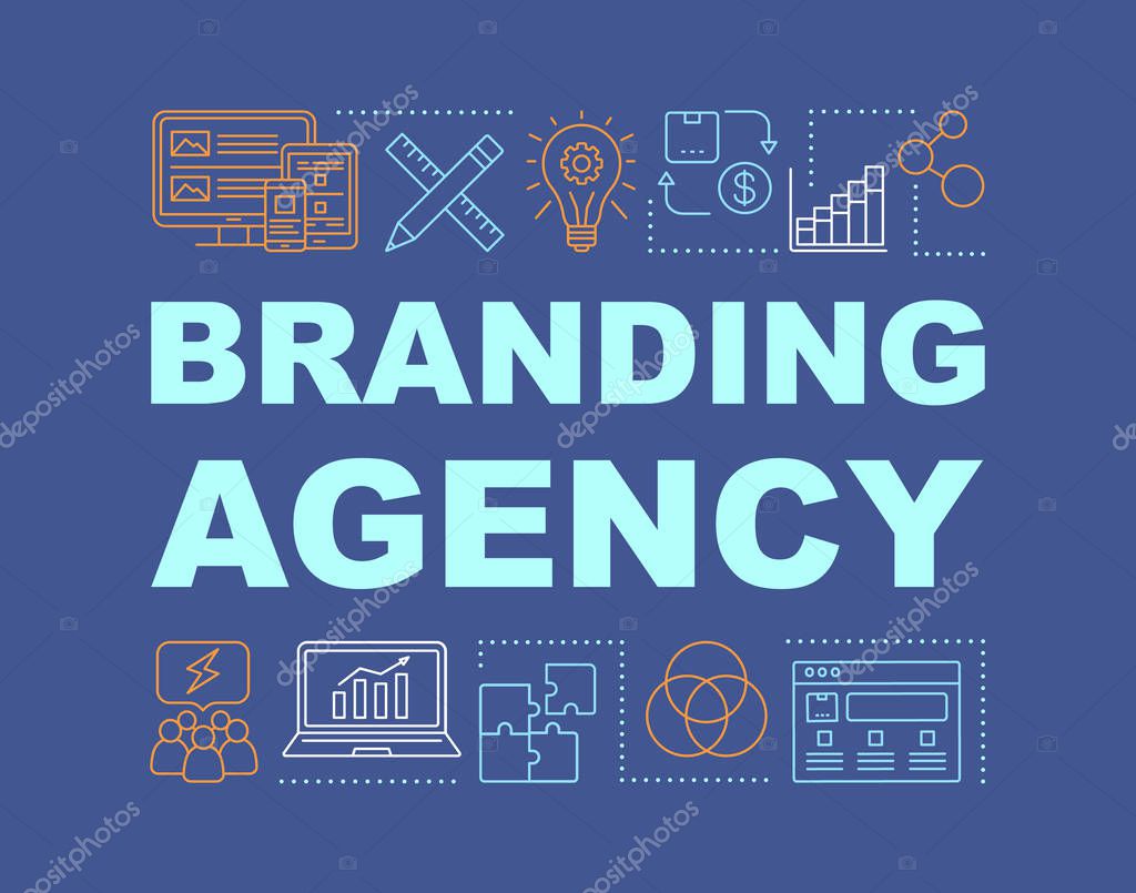 Branding agency word concepts banner. Work team cooperation. Brand management. Strategic planning. Presentation, website. Isolated lettering typography idea, linear icons. Vector outline illustration