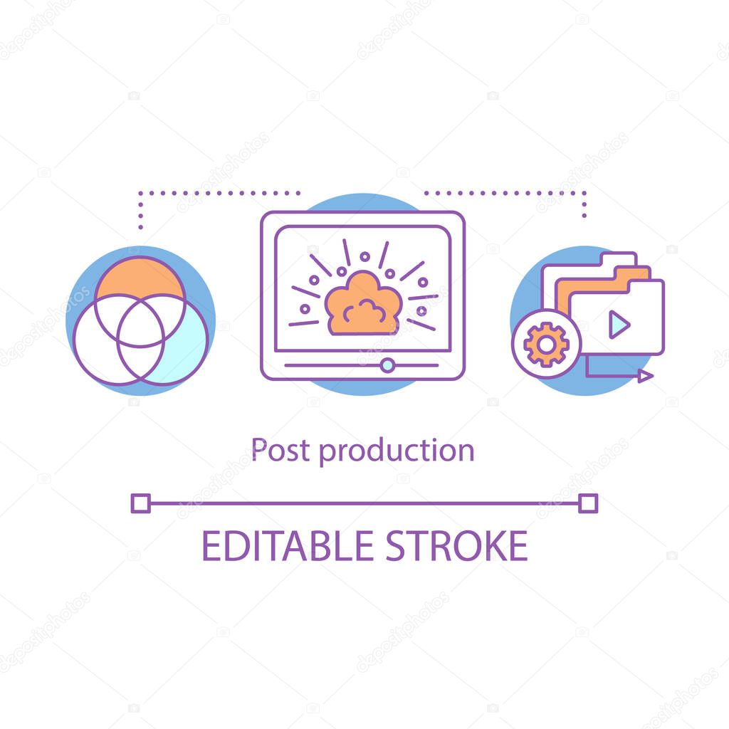 Video post production concept icon. Video editing idea thin line illustration. Film making process. Motion graphics. Footage backup. Color correction. Vector isolated outline drawing. Editable stroke