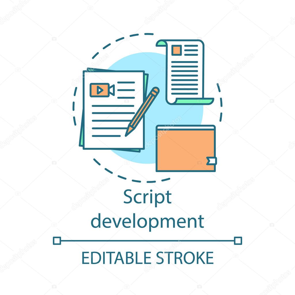 Script development concept icon. Video pre production idea thin line illustration. Film scenario writing. Scripting. Screenwriting. Cinematography. Vector isolated outline drawing. Editable stroke