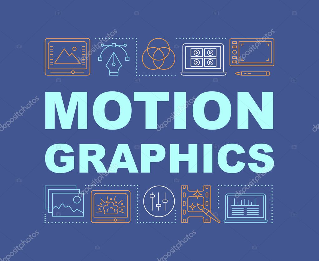 Motion graphics word concepts banner. Visual effects. Animation. Video editing services. Presentation, website. Isolated lettering typography idea with linear icons. Vector outline illustration
