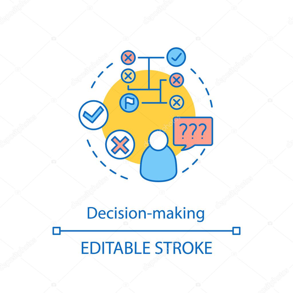 Decision making concept icon. Confusion. Strategic thinking. Answer search. Determination. Problem solving idea thin line illustration. Vector isolated outline drawing. Editable stroke