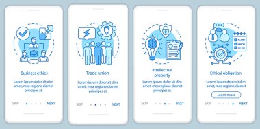 İş etiği onboarding mobil uygulama sayfası ekran vektör templat