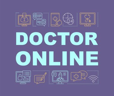 Doktor online kelime kavramlar Banner. Tıbbi Danışma için online hizmet. Sunum, Web sitesi. Doğrusal simgeler ile yalıtılmış yazı tipografi fikir. Vektör anahat çizim