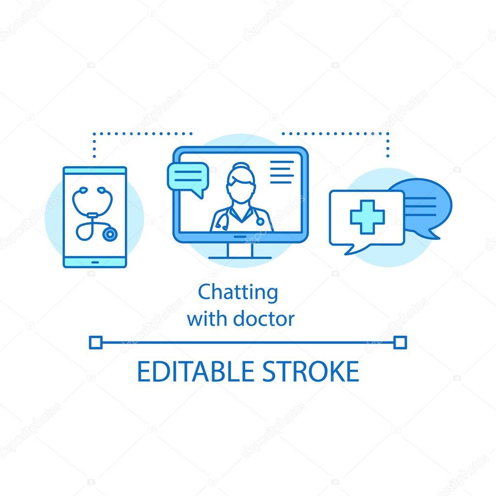 Chatting with doctor concept icon. Online consultation with general practitioner. Medical online service idea thin line illustration. Vector isolated outline drawing. Editable stroke