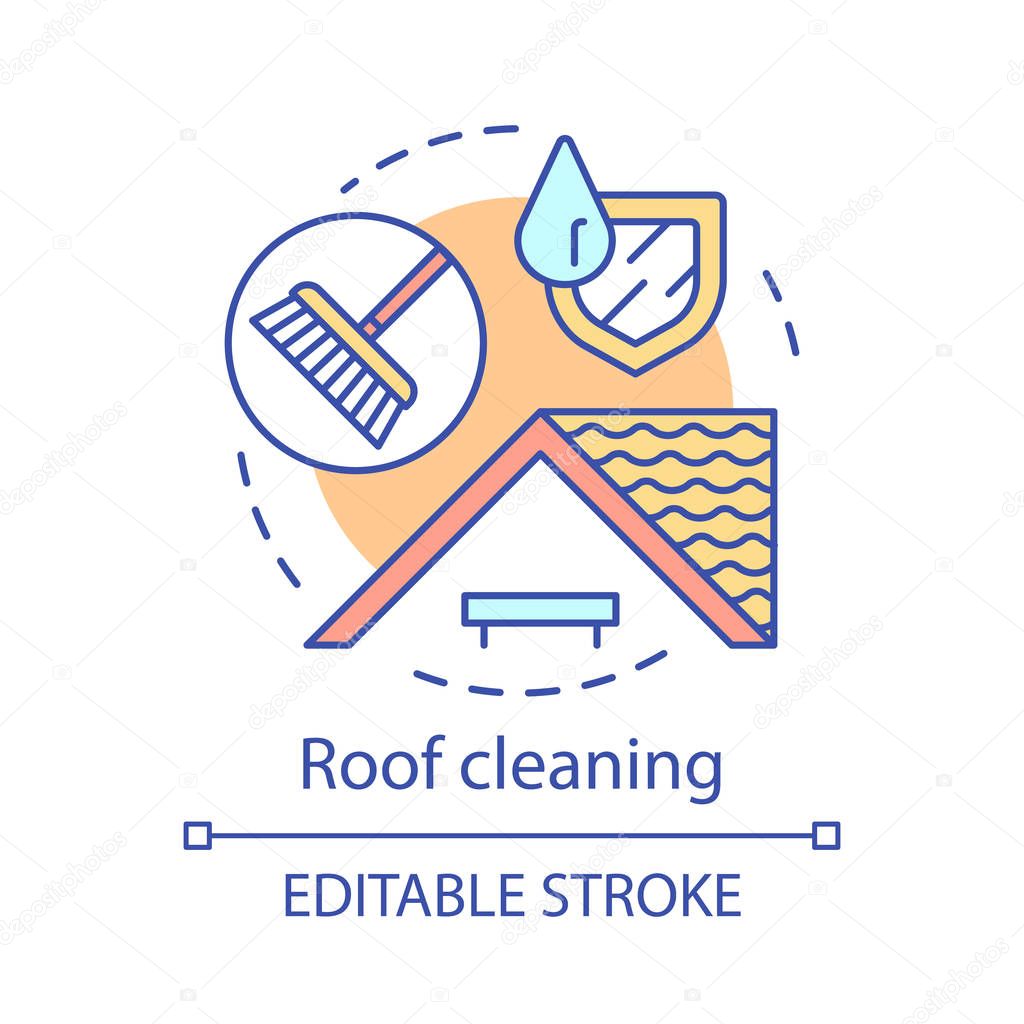 Roof cleaning concept icon. Additional cleanup service idea thin line illustration. Chimney sweep. Tile washing. House maintenance. Cleaning agency. Vector isolated outline drawing. Editable stroke