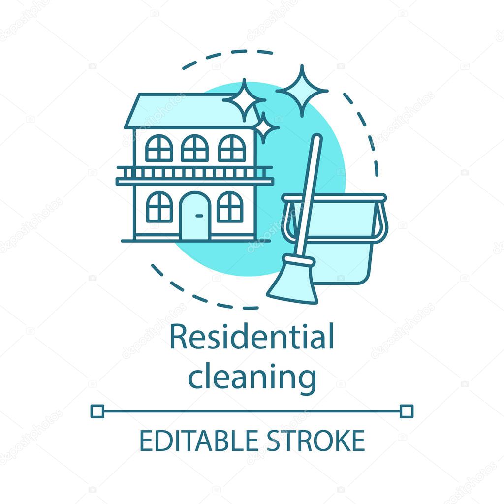 Residential cleaning concept icon. Cleaning services idea thin line illustration. House cleanup. Maid service. Mopping, wiping. Housekeeping. Vector isolated outline drawing. Editable stroke