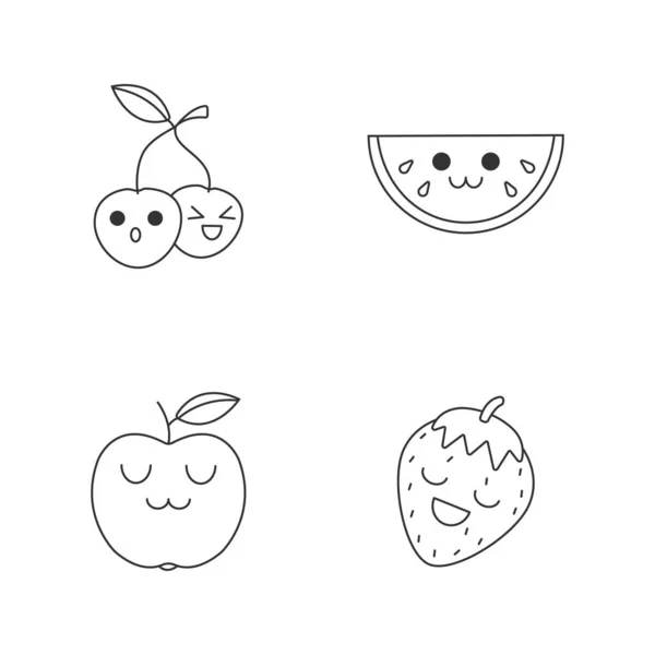 Frutas lindos caracteres lineales kawaii — Vector de stock