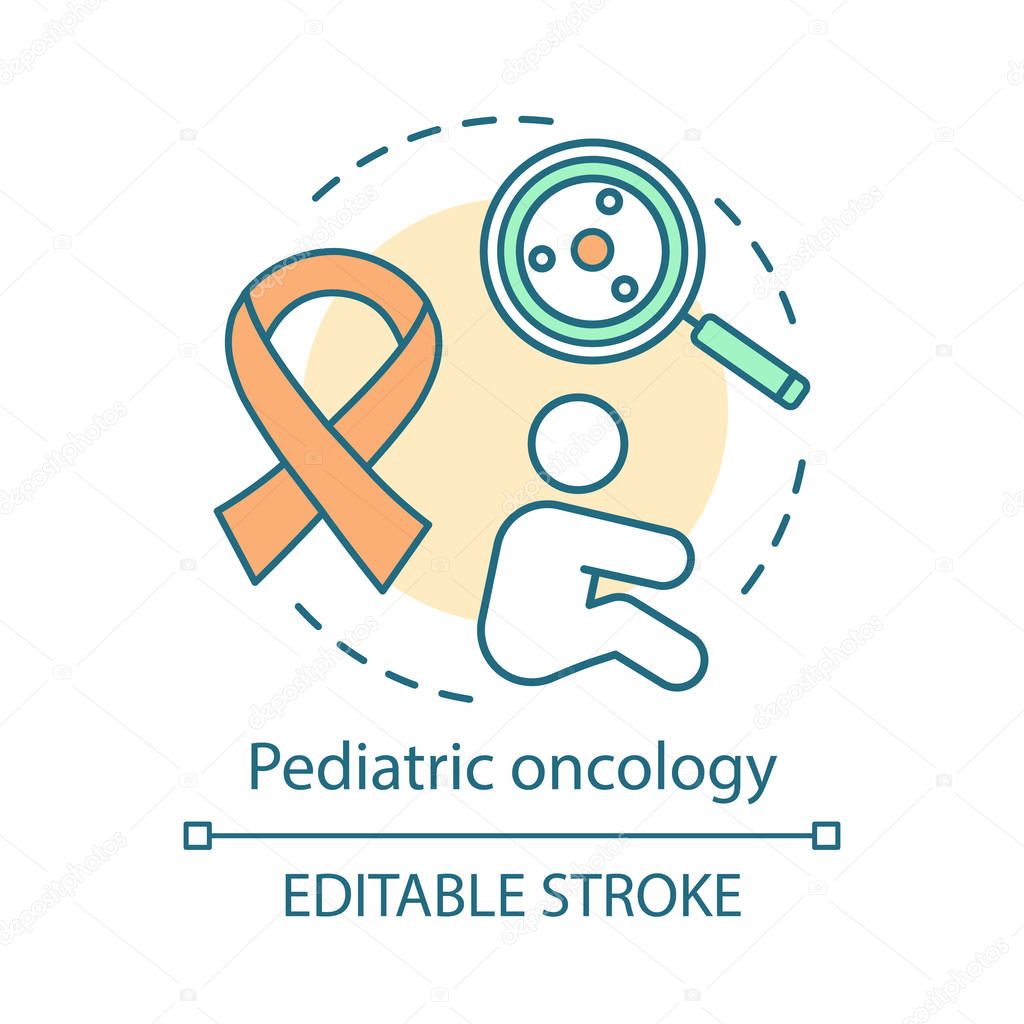 Pediatric oncology concept icon. Nursing care. Children cancer. Awareness ribbon, laboratory test. Child oncology disease idea thin line illustration. Vector isolated outline drawing. Editable stroke