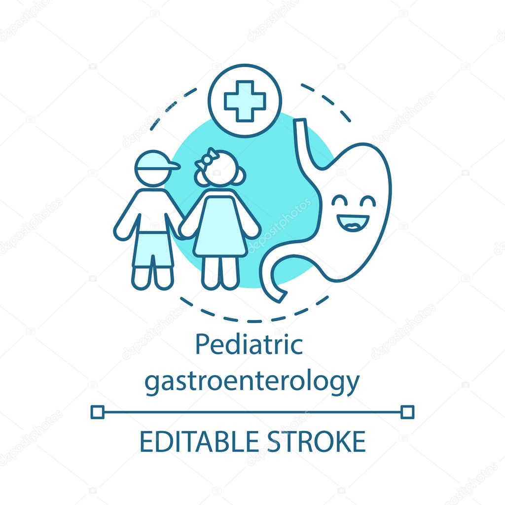 Pediatric gastroenterology concept icon. Cartoon smile stomach character. Healthy kids gastrointestinal system. Child healthcare idea thin line icon. Vector isolated outline drawing. Editable stroke