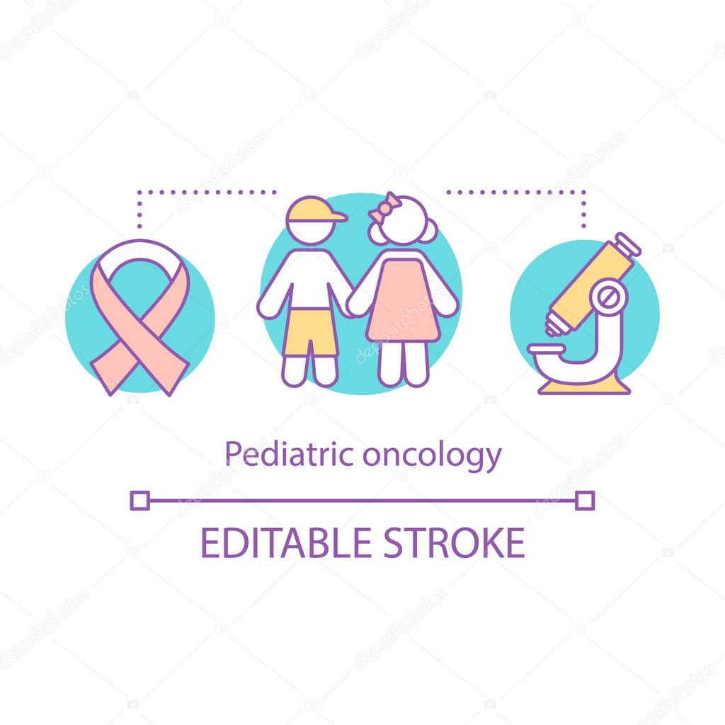 Pediatric oncology concept icon. Nursing care. Children cancer. Awareness ribbon, microscope. Child oncology disease idea thin line illustration. Vector isolated outline drawing. Editable stroke