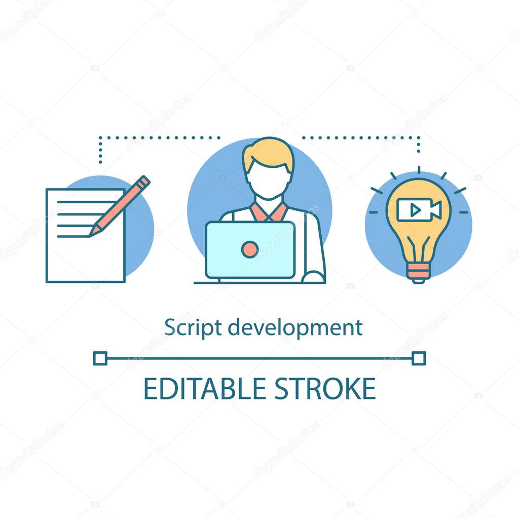 Script development concept icon. Video pre production idea thin line illustration. Film scenario writing. Scripting. Screenwriter. Film making idea. Vector isolated outline drawing. Editable stroke