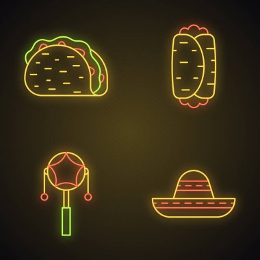 Meksika neon ışık simgeleri seti