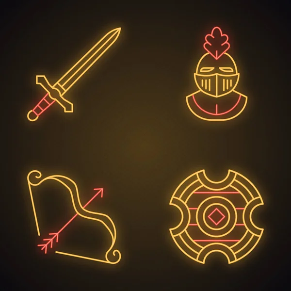 Set di icone luminose neon medievali — Vettoriale Stock