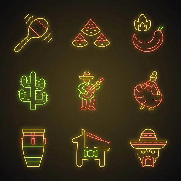 Mexican culture neon light icons set