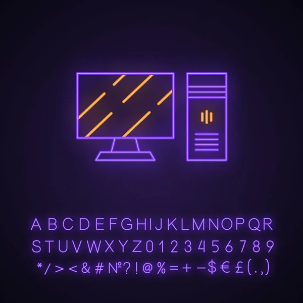 Gaming-Computer und Monitor Neonlicht-Symbol — Stockvektor