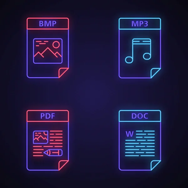 Bestanden formaat neon licht icons set — Stockvector