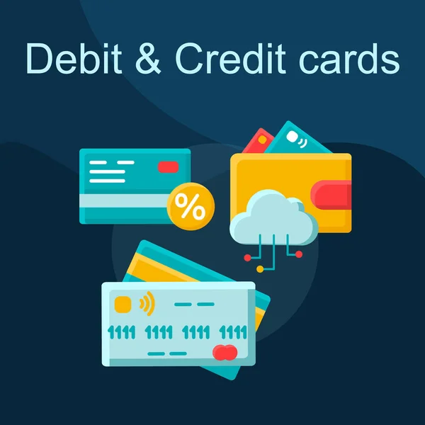 Icono de vector de concepto plano de tarjeta de débito y crédito — Vector de stock