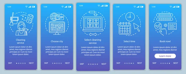 Reinigungsservice Buchung onboarding mobile App Seite Bildschirm Vektor Vorlage — Stockvektor