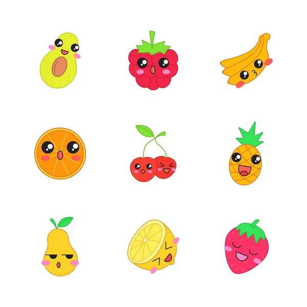 Frutas lindo kawaii vector caracteres — Vector de stock