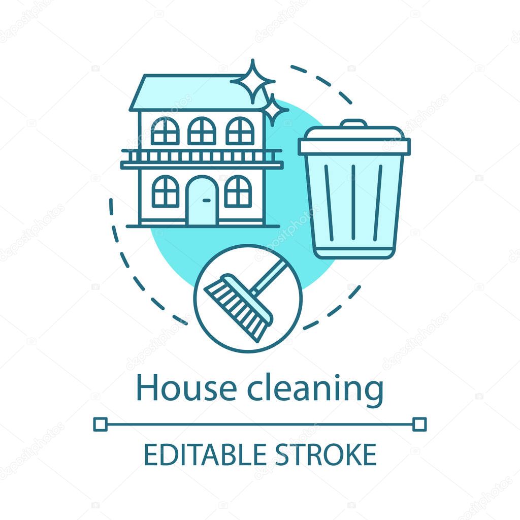 House cleaning concept icon. House service idea thin line illustration. Sweeping, mopping. Trash taking out. Cleanup flooring, household dirt removal. Vector isolated outline drawing. Editable stroke