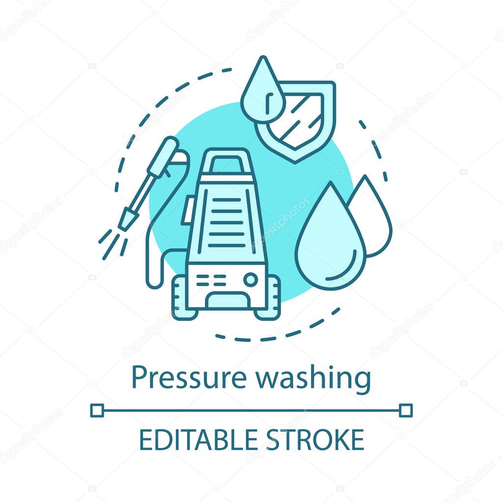 Pressure washing concept icon. Cleaning method idea thin line illustration. Hydro-jet cleaning. Power washing. Use of high-pressure water spray to remove dirt. Vector isolated drawing. Editable stroke
