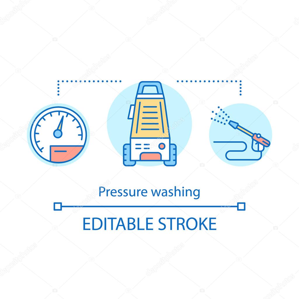 Pressure washing concept icon. Cleaning method idea thin line illustration. Power cleaning. Using high-pressure water spray to remove dirt. Hydro-jet washing. Vector isolated drawing. Editable stroke