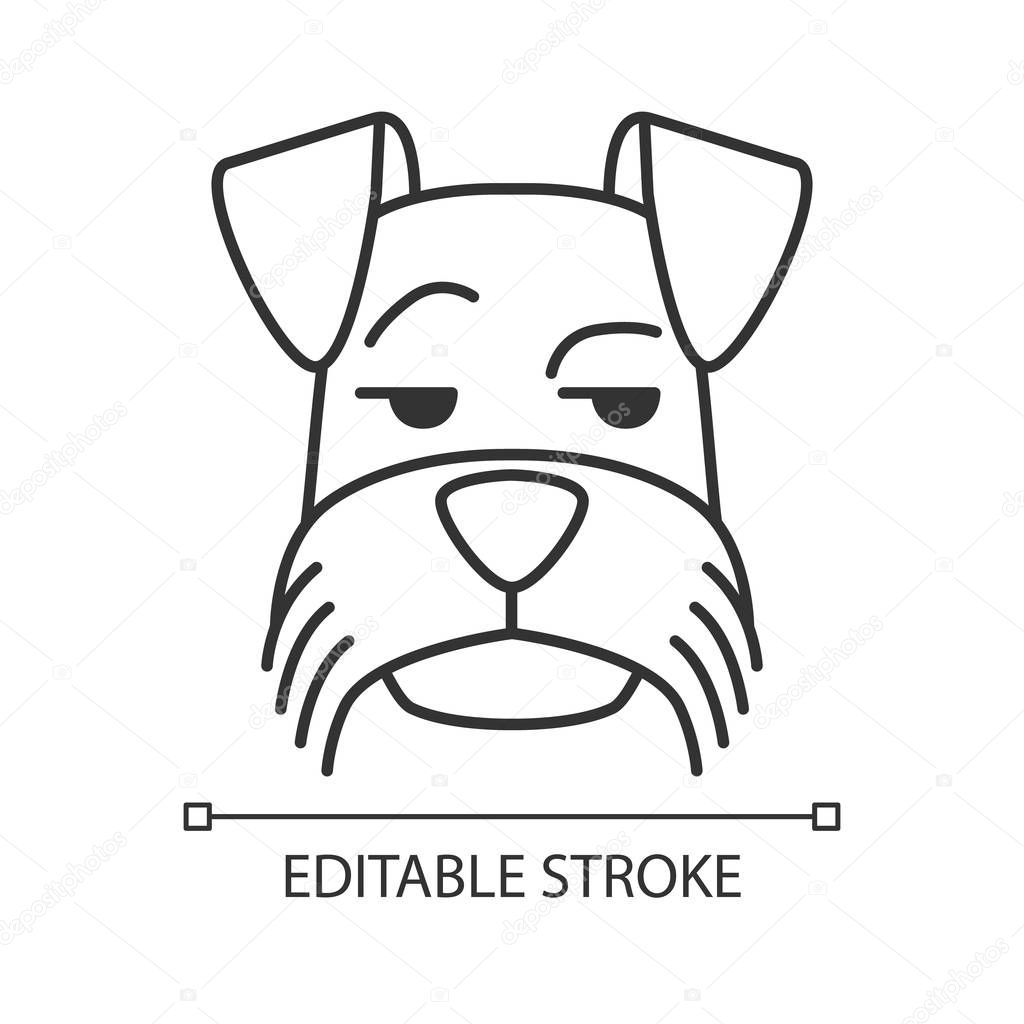 Mini Schnauzer cute kawaii linear character. Thin line icon. Dog with smirking muzzle. Animal with eyes looking to side. Unhappy domestic doggie. Vector isolated outline illustration. Editable stroke