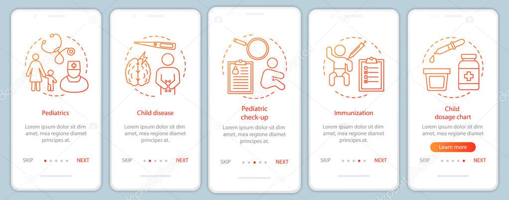 Pediatrics onboarding mobile app page screen with linear concept