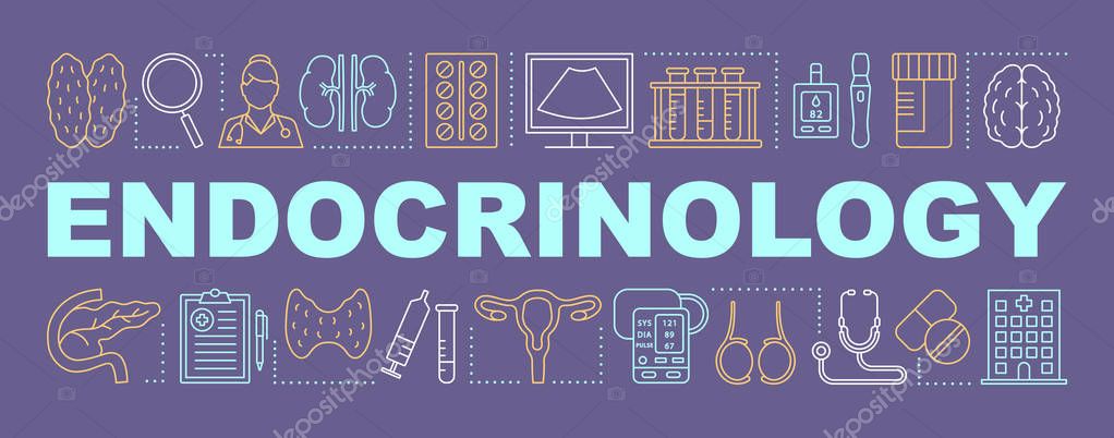 Endocrinology word concepts banner. Endocrine system disease. Diabetes, hormones balance. Presentation, website. Isolated lettering typography idea with linear icons. Vector outline illustration