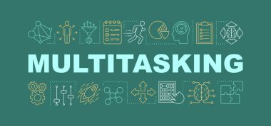 Çoklu görev kelime kavramları afiş. İnsan Kaynakları yumuşak becerileri. Eleştirel ve analitik düşünme. Mesleki nitelikler. Doğrusal simgeler ile izole harf tipografi fikri. Vektör anahat çizimi