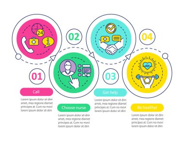 Hemşire vektör bilgi grafiği şablonu seçin. Hemşirelik servisi. İş sunumu tasarım öğeleri. Dört adımlı veri görselleştirme, seçenekler. İşlem zaman çizelgesi grafiği. Doğrusal simgelerle iş akışı düzeni