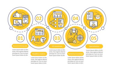 Reklam Yazarlığı kursları vektör Infographic şablonu. Dijital pazarlama. İş Tanıtım tasarım öğeleri. Adımlar ve seçenekleri veri görselleştirme. İşlem zaman çizgisi görüntüsü. İş akışı düzeni ile kutsal kişilerin resmi