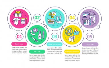 Bebek Bakımı vektör İnfografik şablonu. Bebek Bakımı, hemşirelik, açık hava aktivitesi. İş sunumu tasarım elemanları. Adımlar ve seçenekler ile veri görselleştirme. İşlem zaman çizelgesi grafiği. İş akışı düzeni