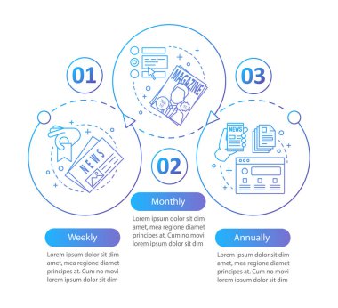 Gazete, dergi abonelik vektör infografik şablon. Haftalık, aylık tarife planları. Üç adım ve seçenekle veri görselleştirme. İşlem zaman çizelgesi grafiği. Simgelerle iş akışı düzeni