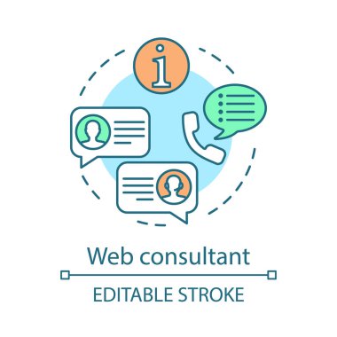 Web danışmanı kavram simgesi. Müşteri destek hizmeti fikri ince satır çizimi. İletişim merkezi. Çevrimiçi sohbet. Müşteri yardımı. Web bakımı. Vektör yalıtılmış anahat çizimi. Kullanılabilir kontur