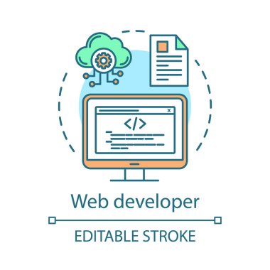 Web geliştirici kavram simgesi. Web sitesi programcı fikir ince çizgi illüstrasyon. Bu uzman. Yazılım geliştirme. Web mühendisliği. Ön uç, arka uç. Vektör yalıtılmış anahat çizimi. Kullanılabilir kontur