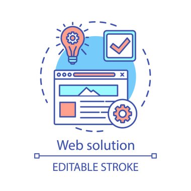 Web çözüm kavramı simgesi. Dijital pazarlama stratejisi fikir ince çizgi illüstrasyon. Web sitesi geliştirme. Marka. Özel web tasarımı. Seo hizmetleri. Vektör yalıtılmış anahat çizimi. Kullanılabilir kontur