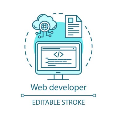 Web geliştirici kavram simgesi. Web sitesi programcı fikir ince çizgi illüstrasyon. Bu uzman. Yazılım geliştirme. Web mühendisliği. Ön uç, arka uç. Vektör yalıtılmış anahat çizimi. Kullanılabilir kontur